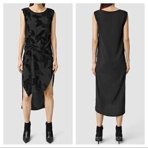 AllSaints Riviera Lux Black Velvet Sleeveless Midi Asymmetric Sheath Dress 0